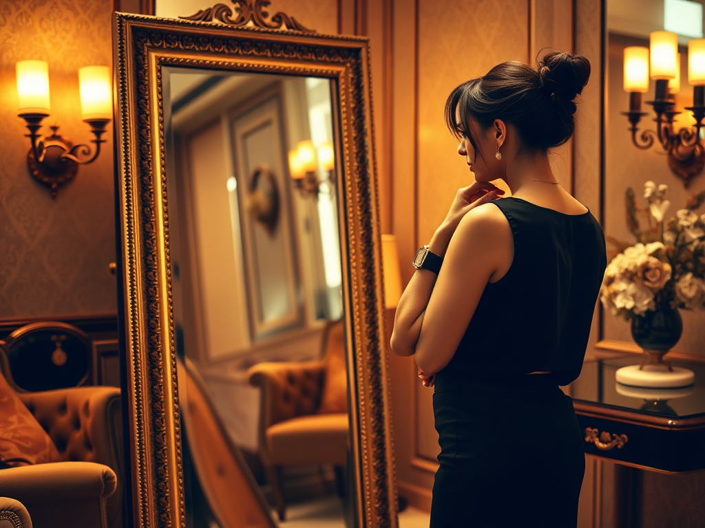 Une femme en robe noire se tient devant un grand miroir dans une pièce élégante, entourée de lumières douces.