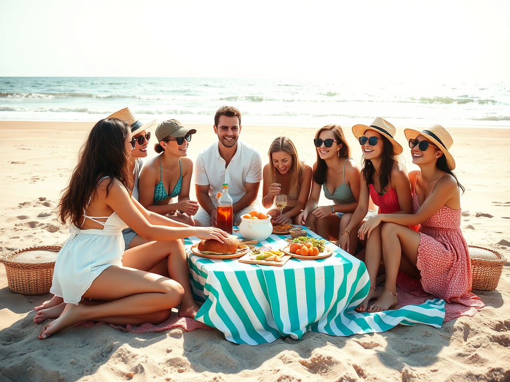 Un groupe d’amis se détend sur la plage, profitant d’un pique-nique et du soleil au bord de l’océan.